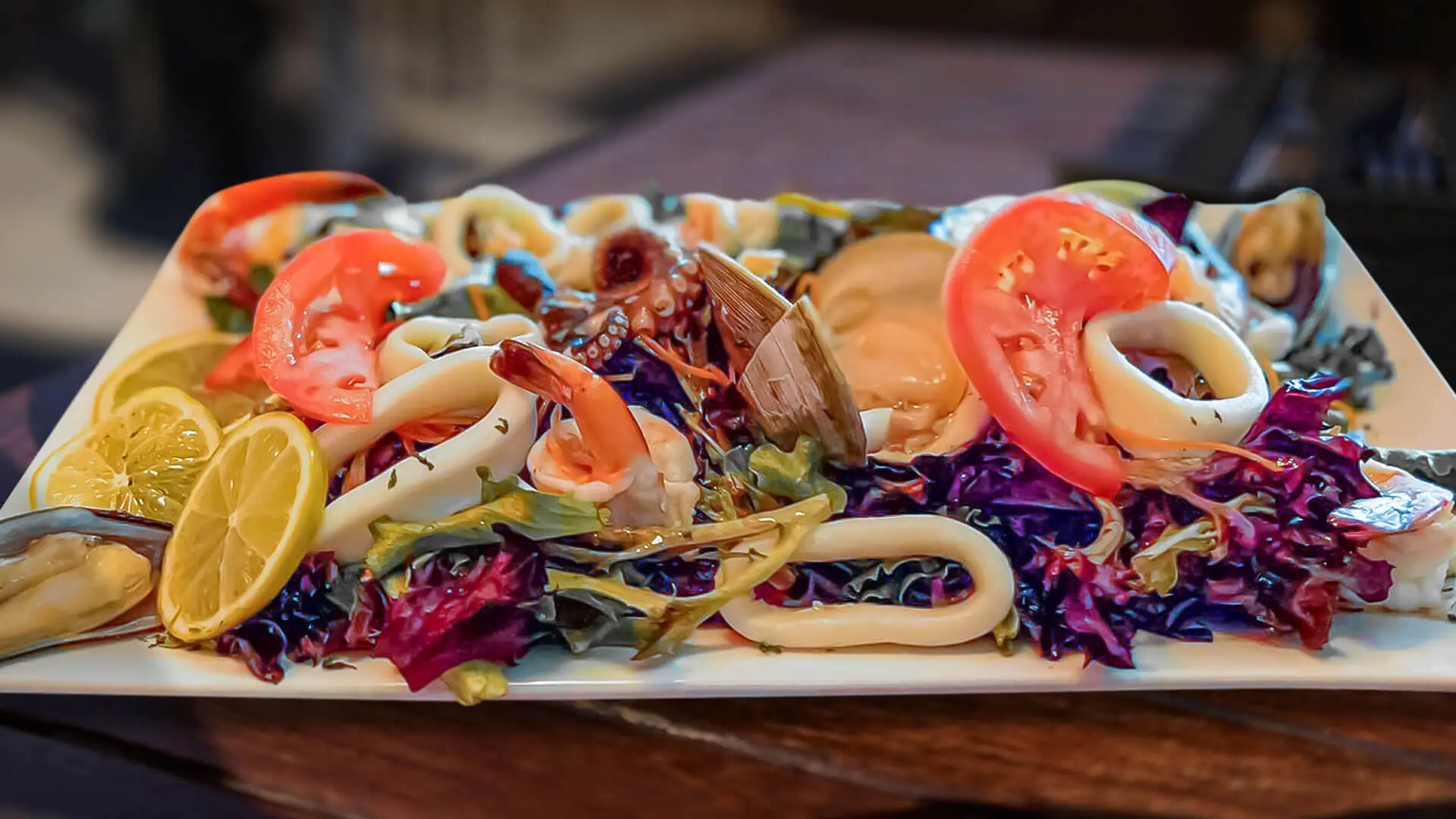 Seafood salad on a square plate